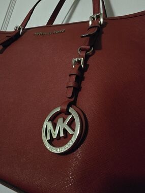Michael Kors Red Saffiano Leather Tote Bag w/ MK Charm, Silver HW, Inner Pockets